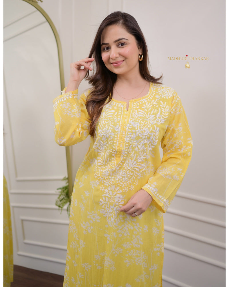 Yellow Chikankari Mul Cotton Kurti