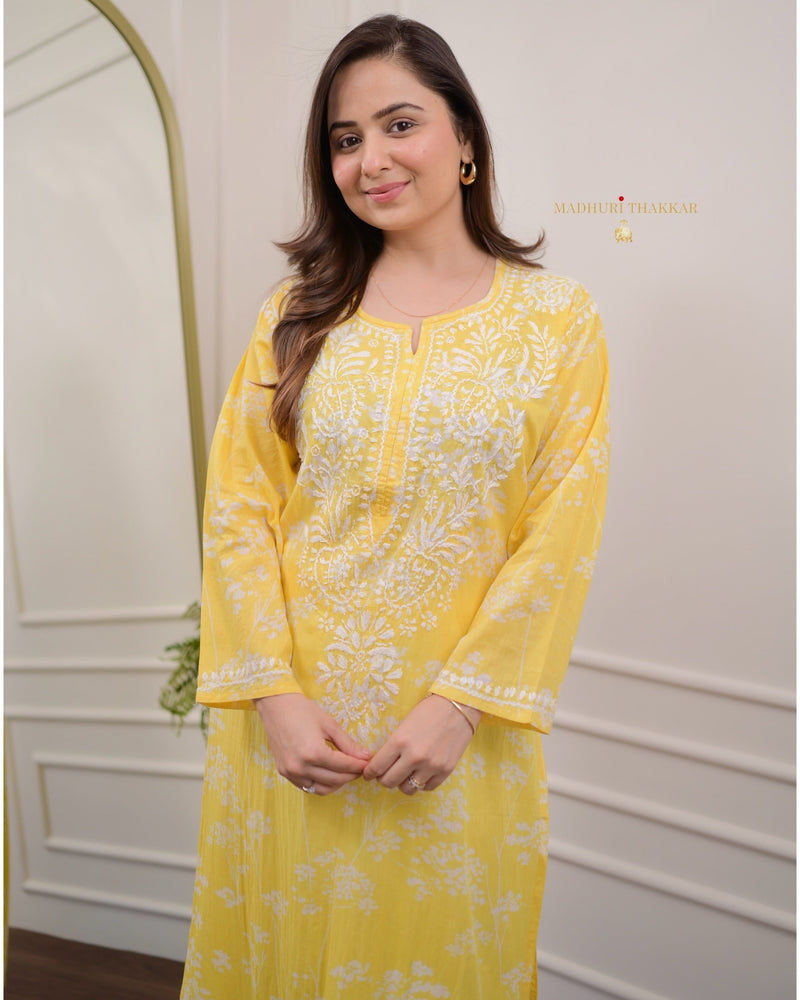 Yellow Chikankari Mul Cotton Kurti