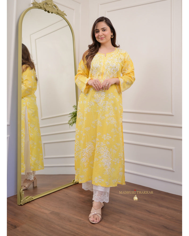 Yellow Chikankari Mul Cotton Kurti