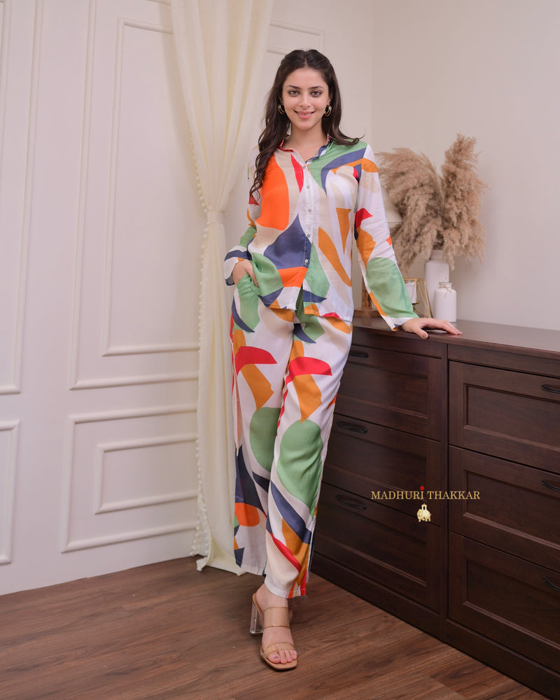 Ivory Multi Abstract Muslin Co-ord