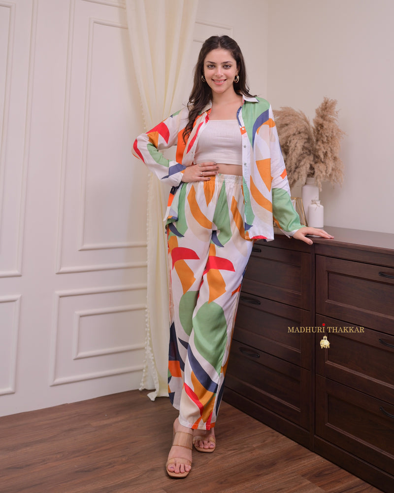 Ivory Multi Abstract Muslin Co-ord