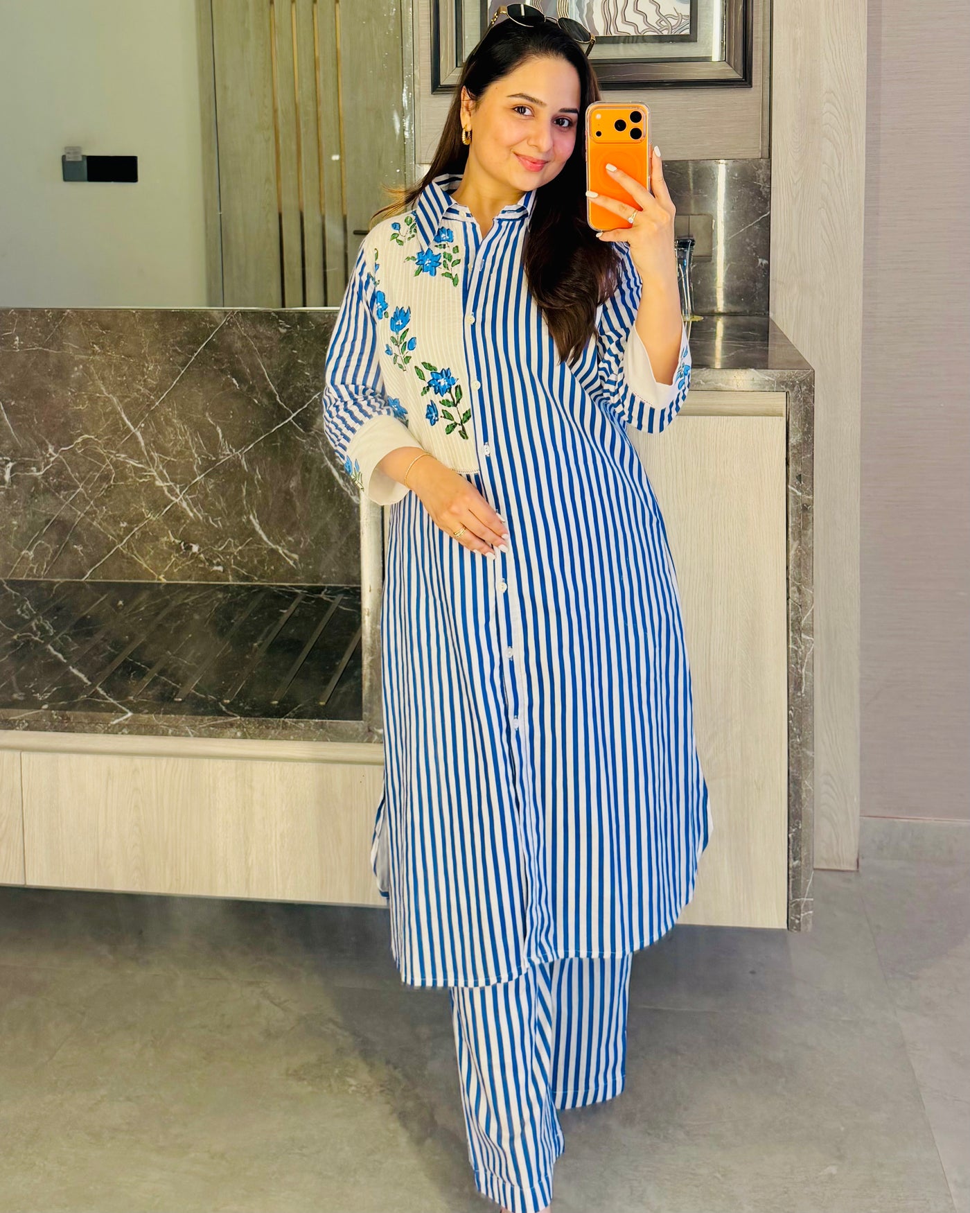 Azure Bloom Striped Cotton Kurta Set