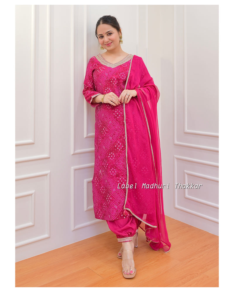 Rani Pink Bandhani Handwork Afghani Suit