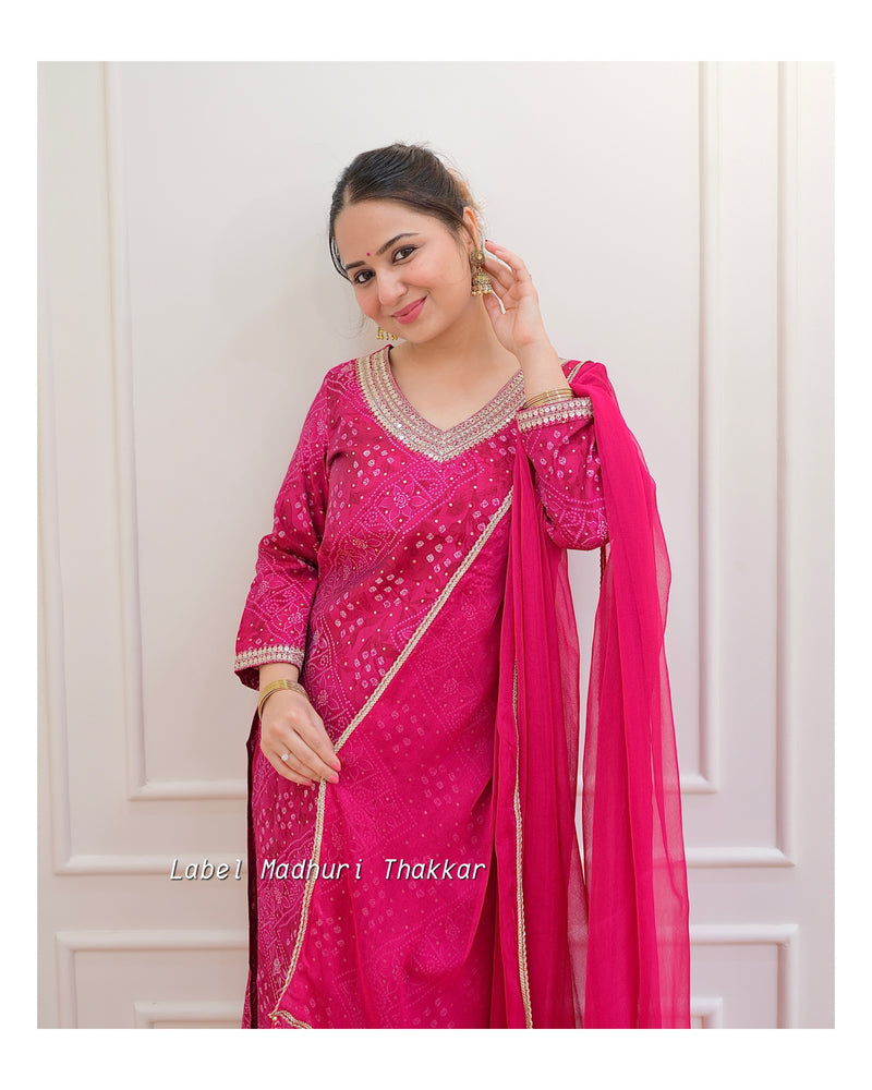 Rani Pink Bandhani Handwork Afghani Suit