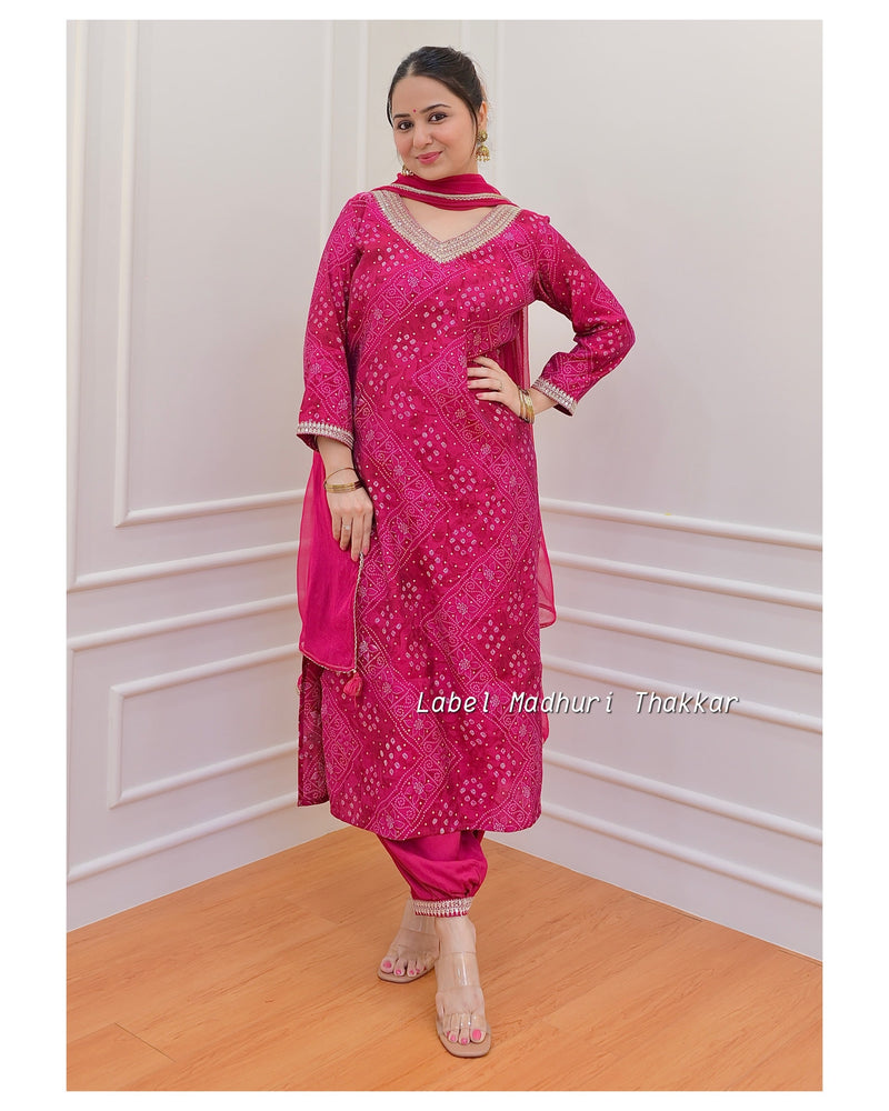 Rani Pink Bandhani Handwork Afghani Suit