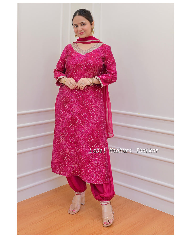 Rani Pink Bandhani Handwork Afghani Suit
