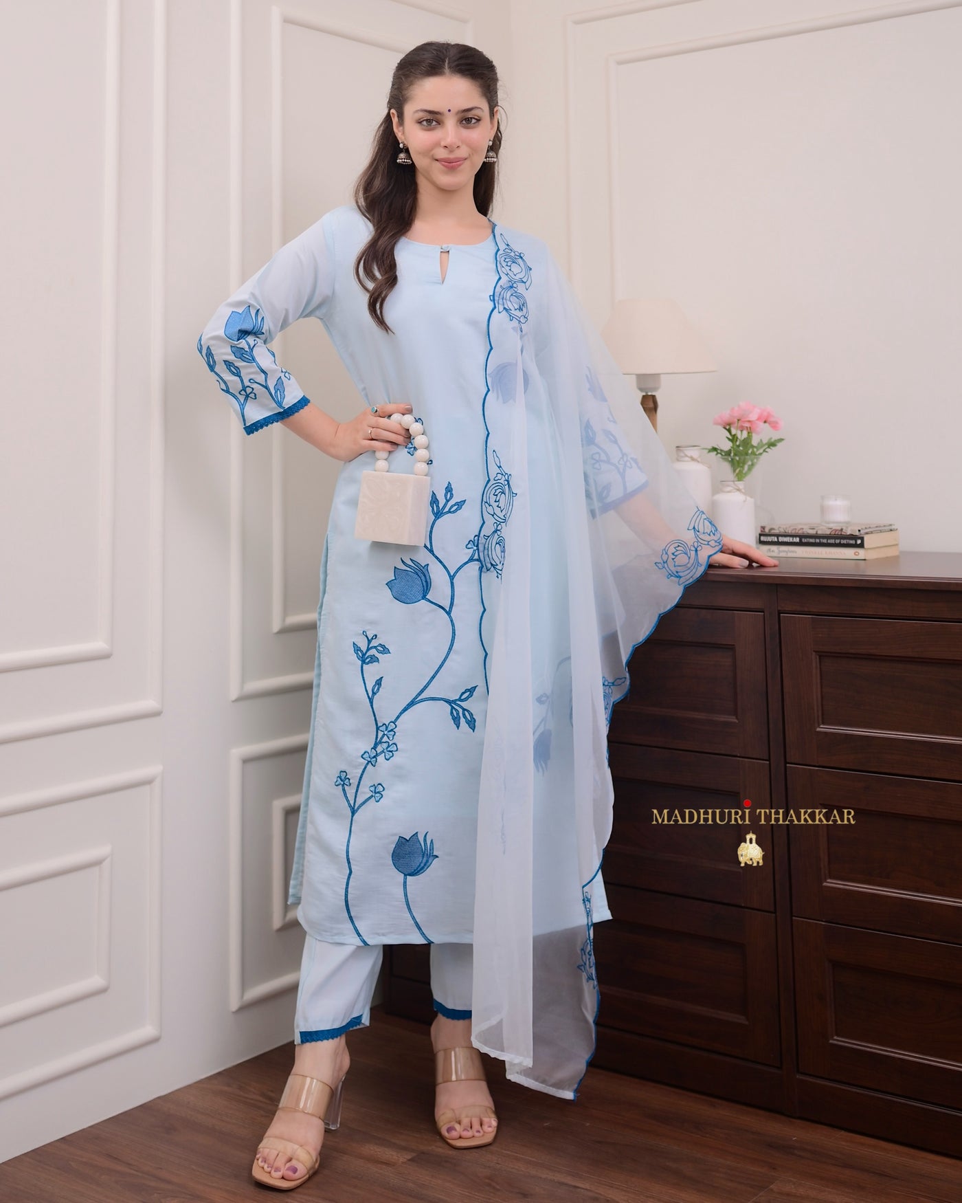 Powder Blue Threadwork Cotton Silk Suit