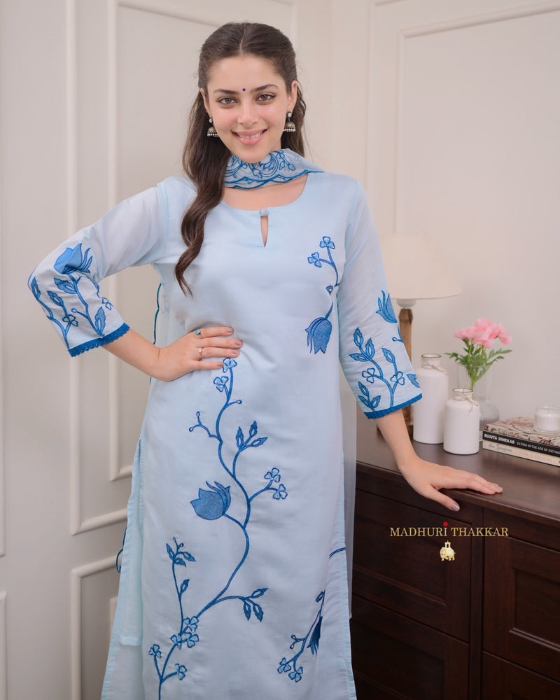 Powder Blue Threadwork Cotton Silk Suit