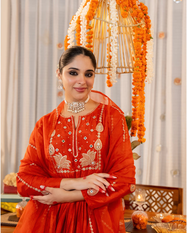 Coral Lotus Handwork A Line Chanderi Silk Festive Suit