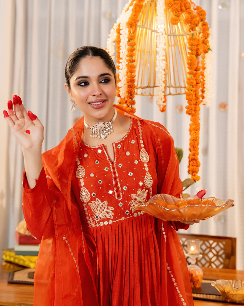 Coral Lotus Handwork A Line Chanderi Silk Festive Suit