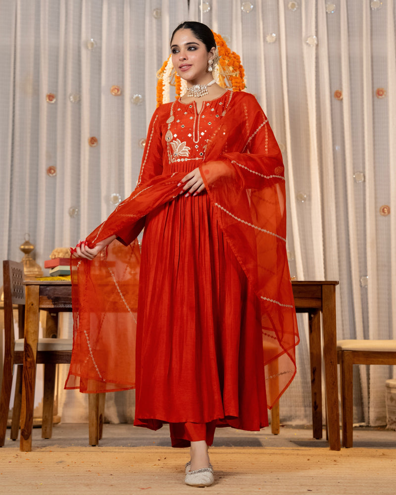 Coral Lotus Handwork A Line Chanderi Silk Festive Suit