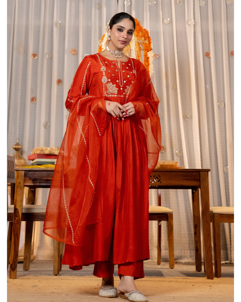 Coral Lotus Handwork A Line Chanderi Silk Festive Suit