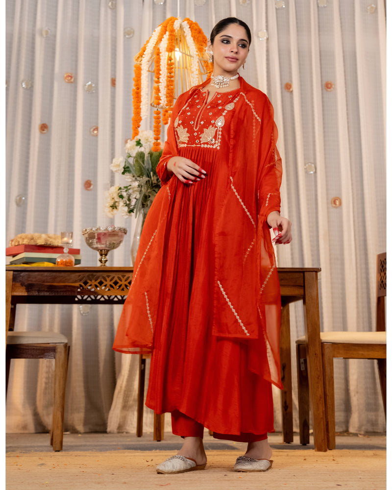 Coral Lotus Handwork A Line Chanderi Silk Festive Suit