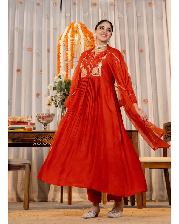 Coral Lotus Handwork A Line Chanderi Silk Festive Suit