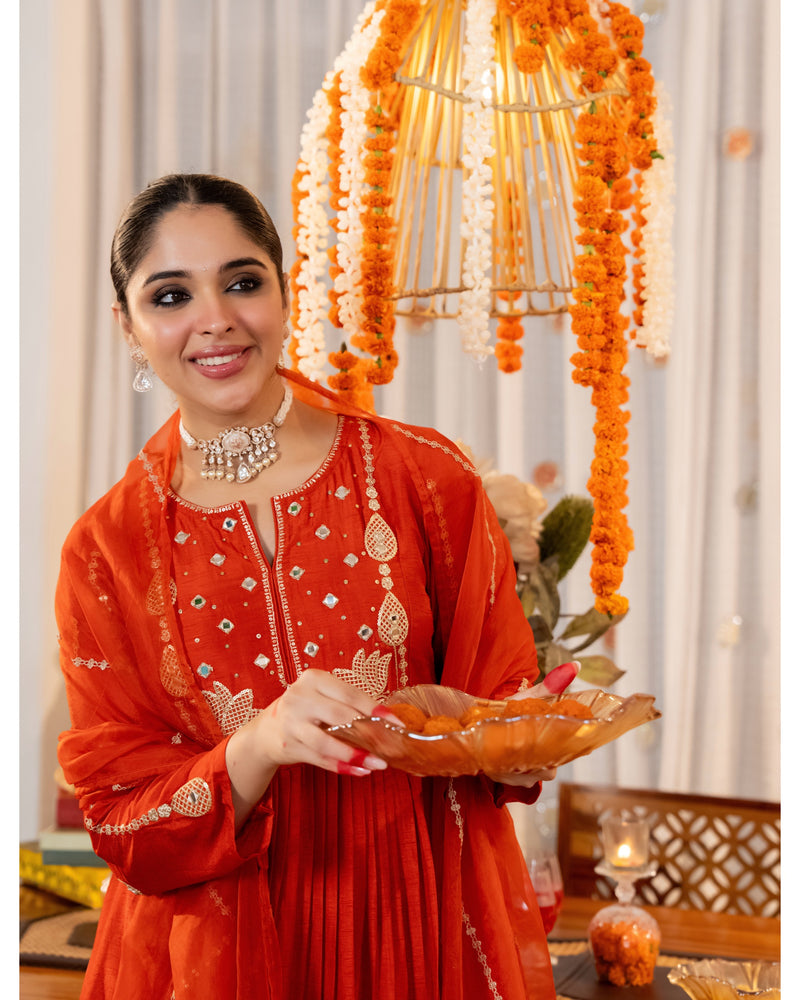 Coral Lotus Handwork A Line Chanderi Silk Festive Suit