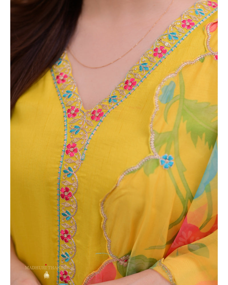 Yellow Handwork Dola Silk Festive Suit