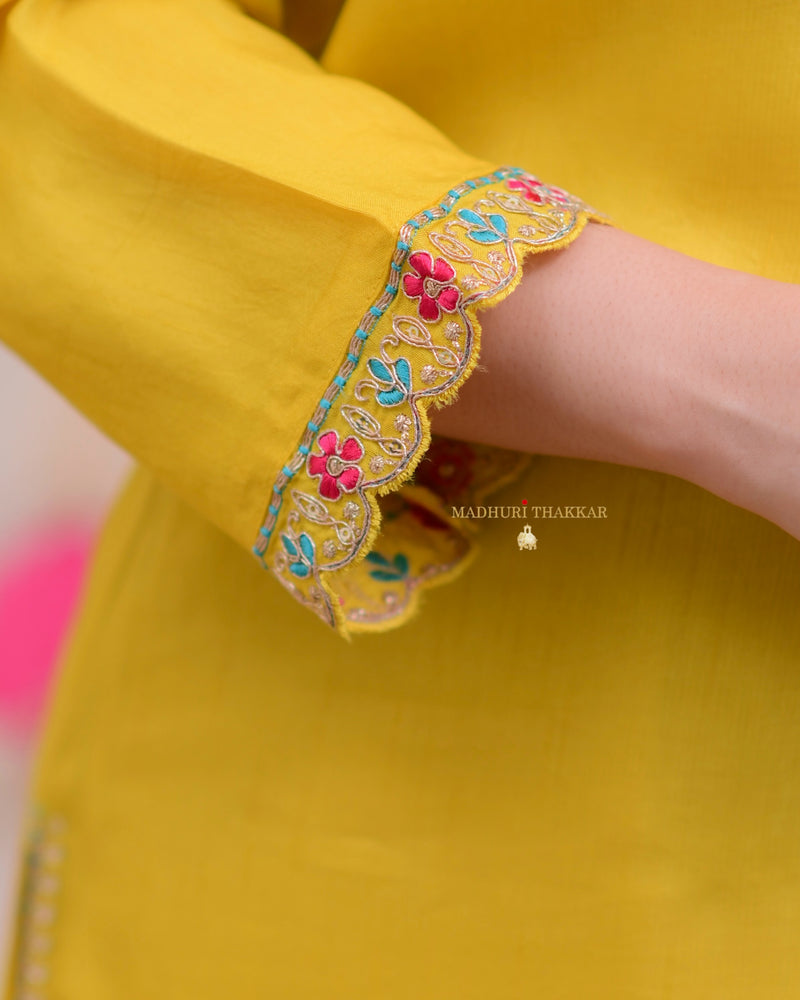 Yellow Handwork Dola Silk Festive Suit