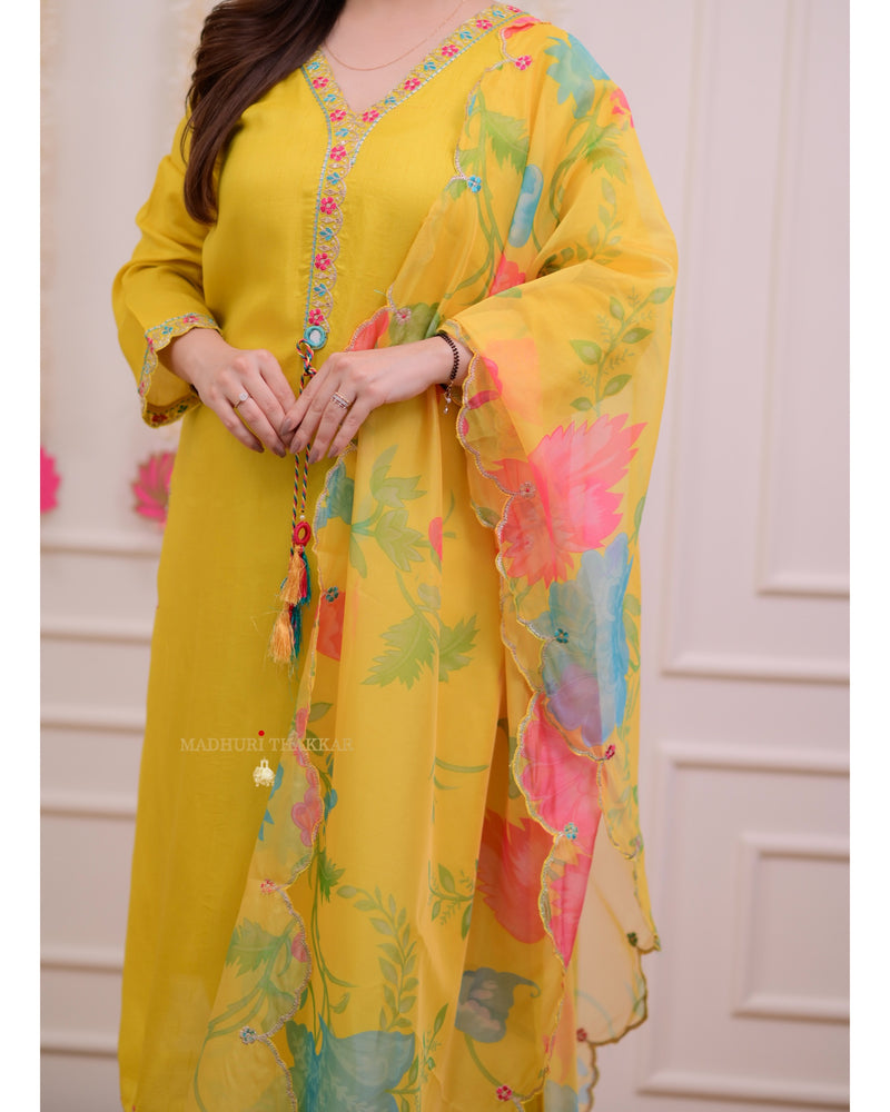 Yellow Handwork Dola Silk Festive Suit