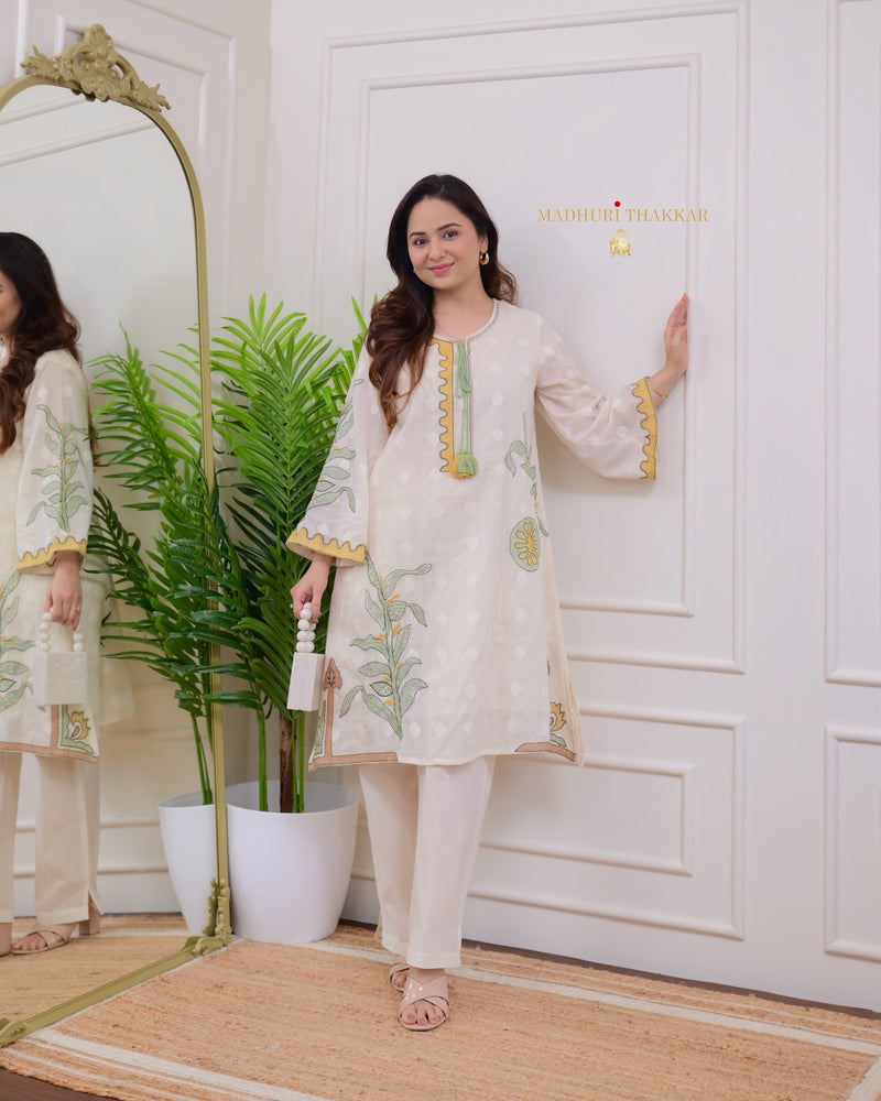Ivory Mustard-Green Threadwork Cotton Co-ord