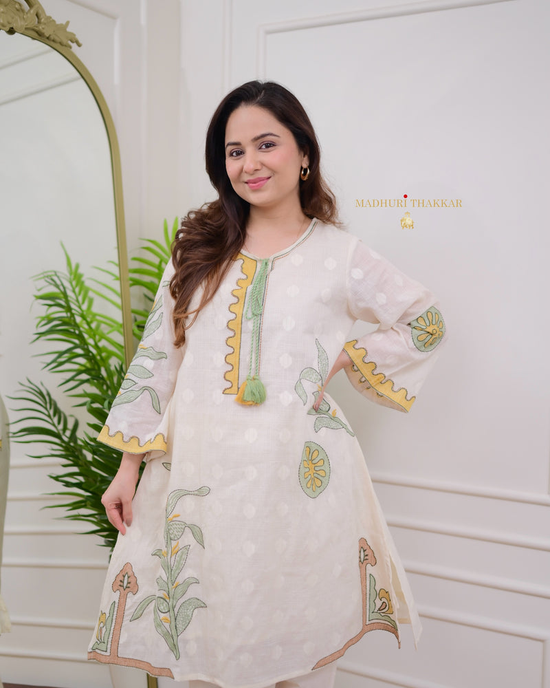 Ivory Mustard-Green Threadwork Cotton Co-ord
