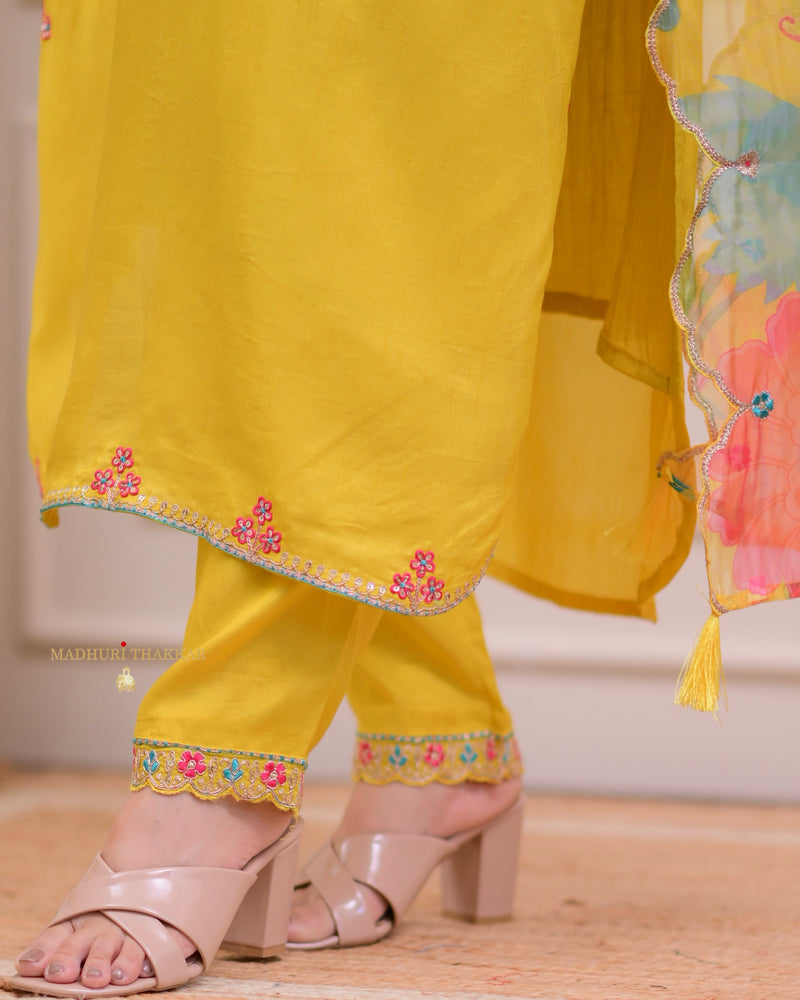 Yellow Handwork Dola Silk Festive Suit