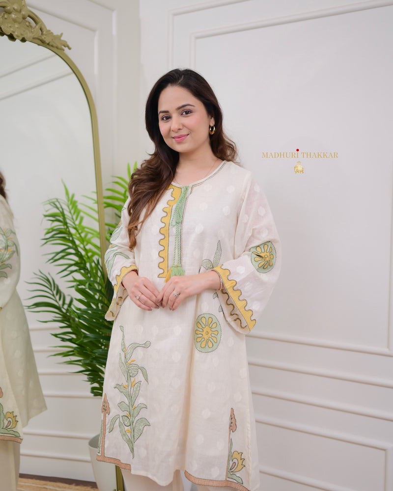 Ivory Mustard-Green Threadwork Cotton Co-ord