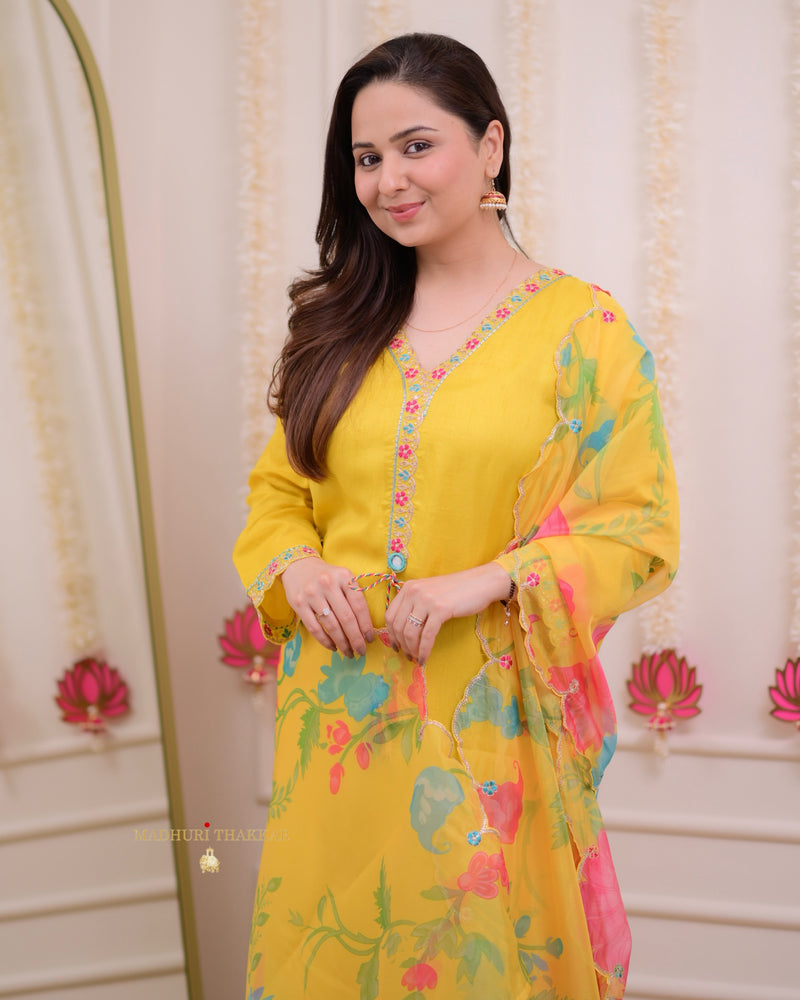 Yellow Handwork Dola Silk Festive Suit