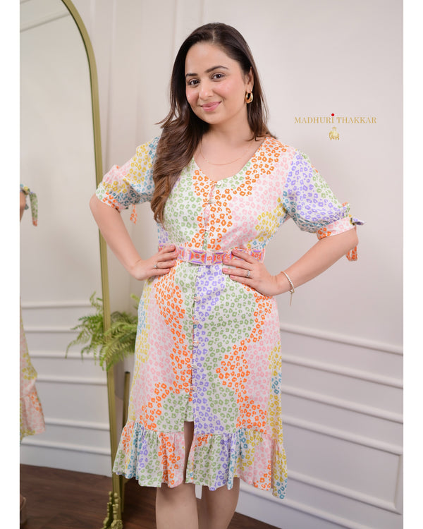 Multicolor Belt Frill Dress