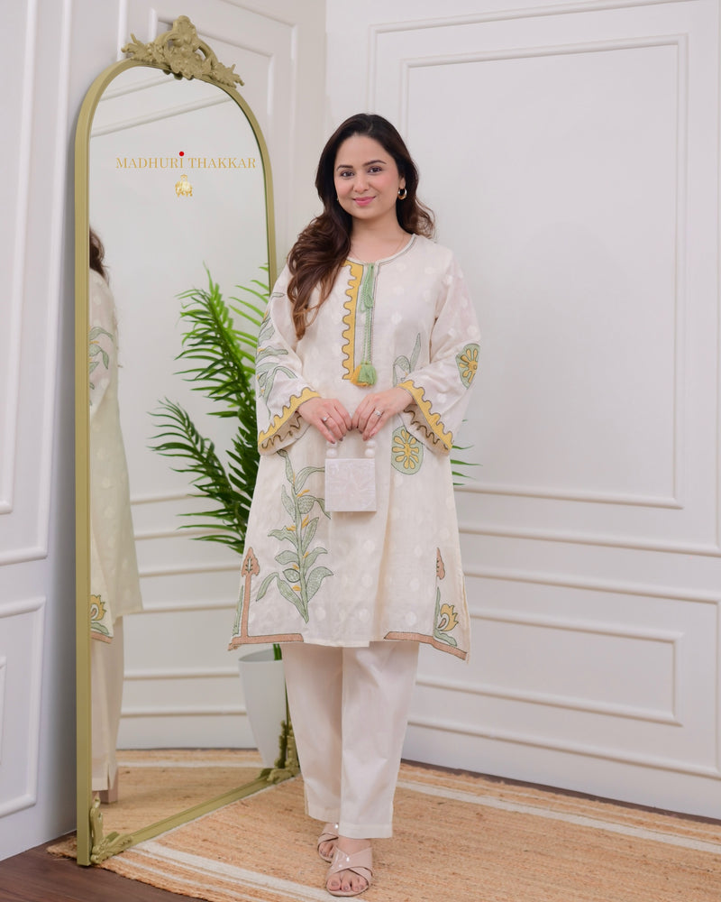 Ivory Mustard-Green Threadwork Cotton Co-ord