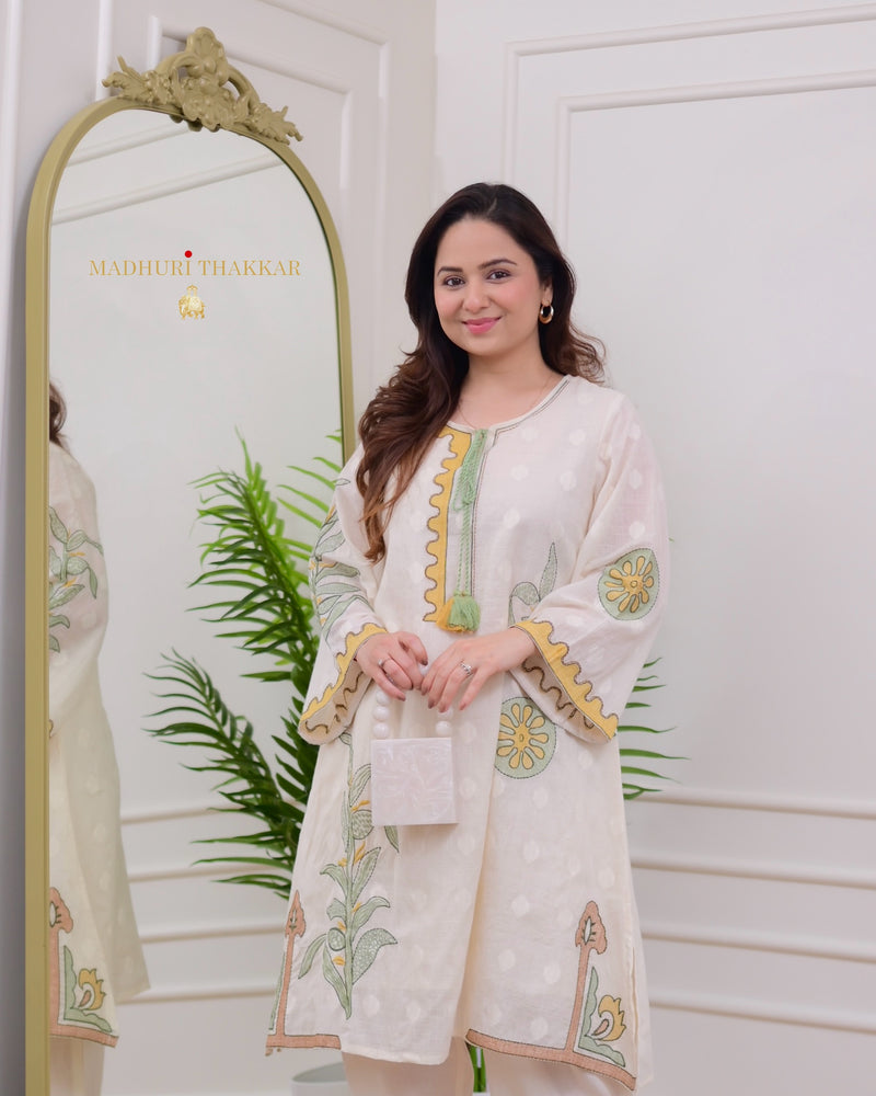 Ivory Mustard-Green Threadwork Cotton Co-ord