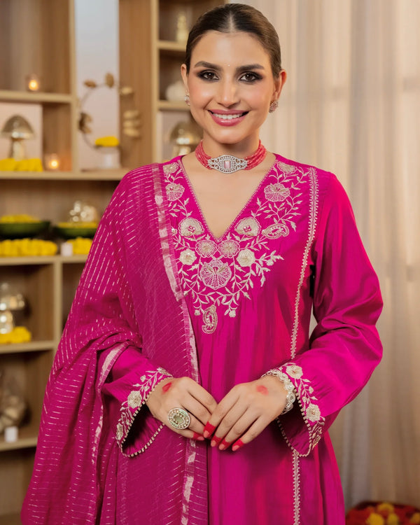 Rose Pink Radiance Handwork Chanderi Silk Festive Suit