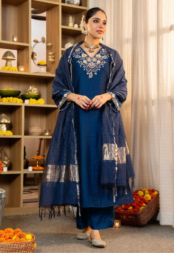 Midnight Blue Muse Handwork Chanderi Silk Festive Suit