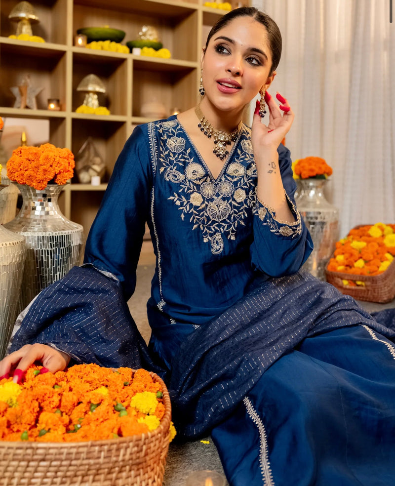 Midnight Blue Muse Handwork Chanderi Silk Festive Suit