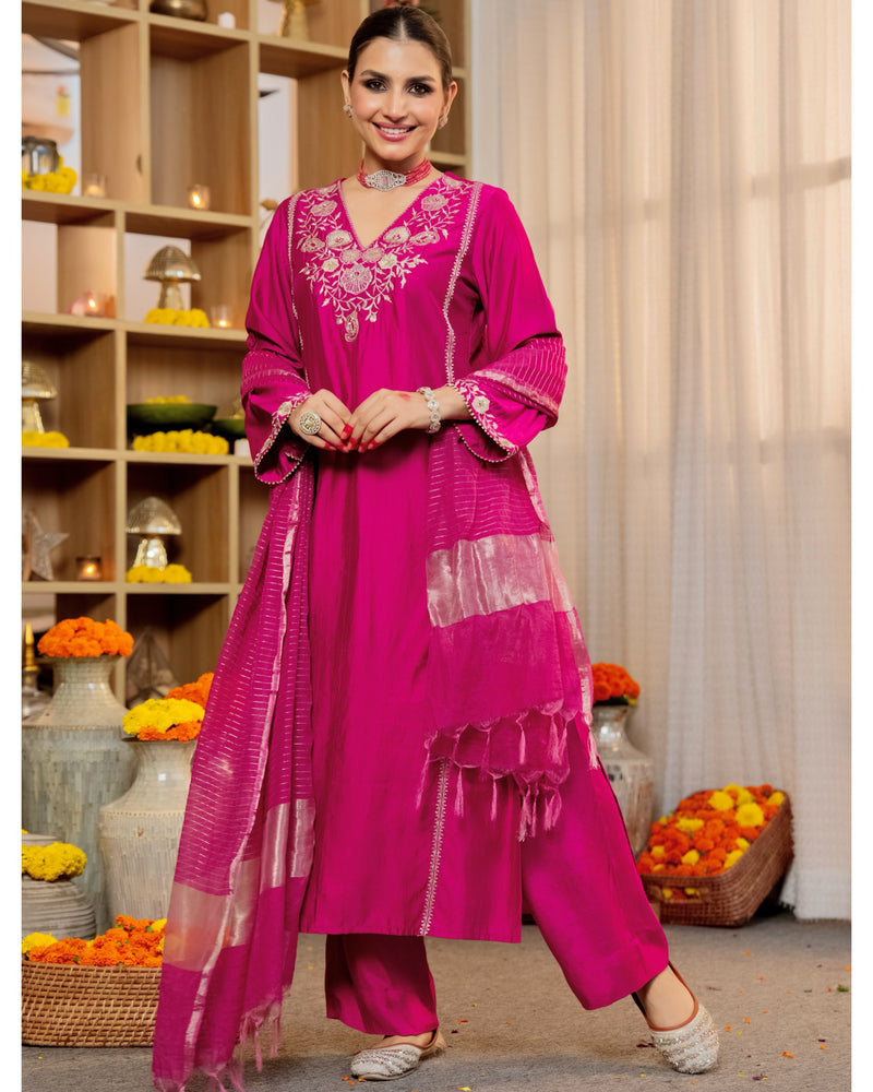Rose Pink Radiance Handwork Chanderi Silk Festive Suit