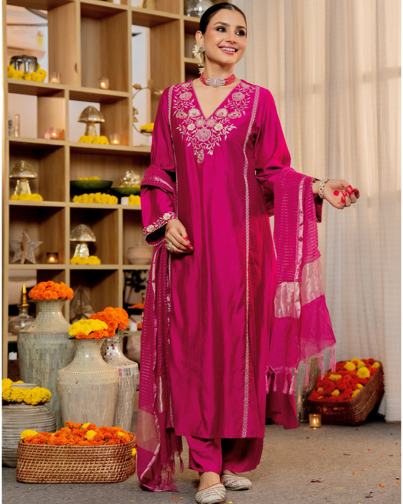 Rose Pink Radiance Handwork Chanderi Silk Festive Suit