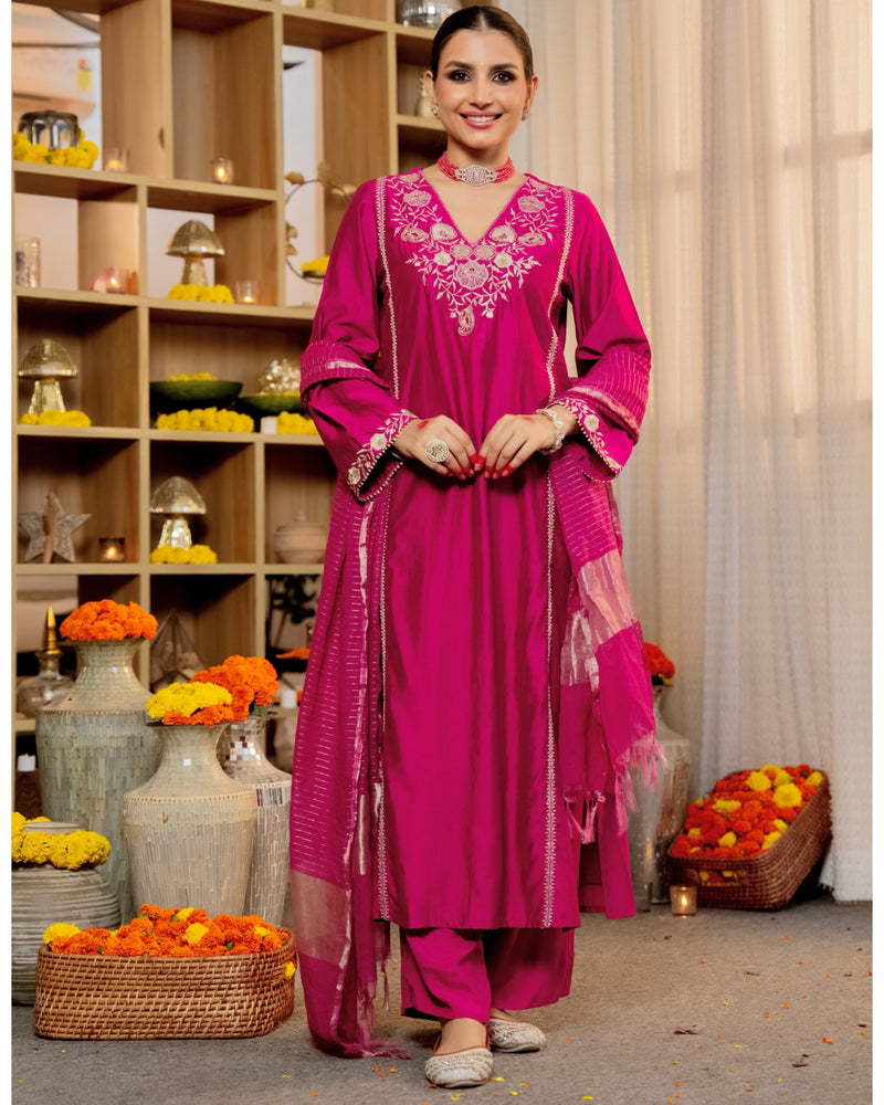Rose Pink Radiance Handwork Chanderi Silk Festive Suit