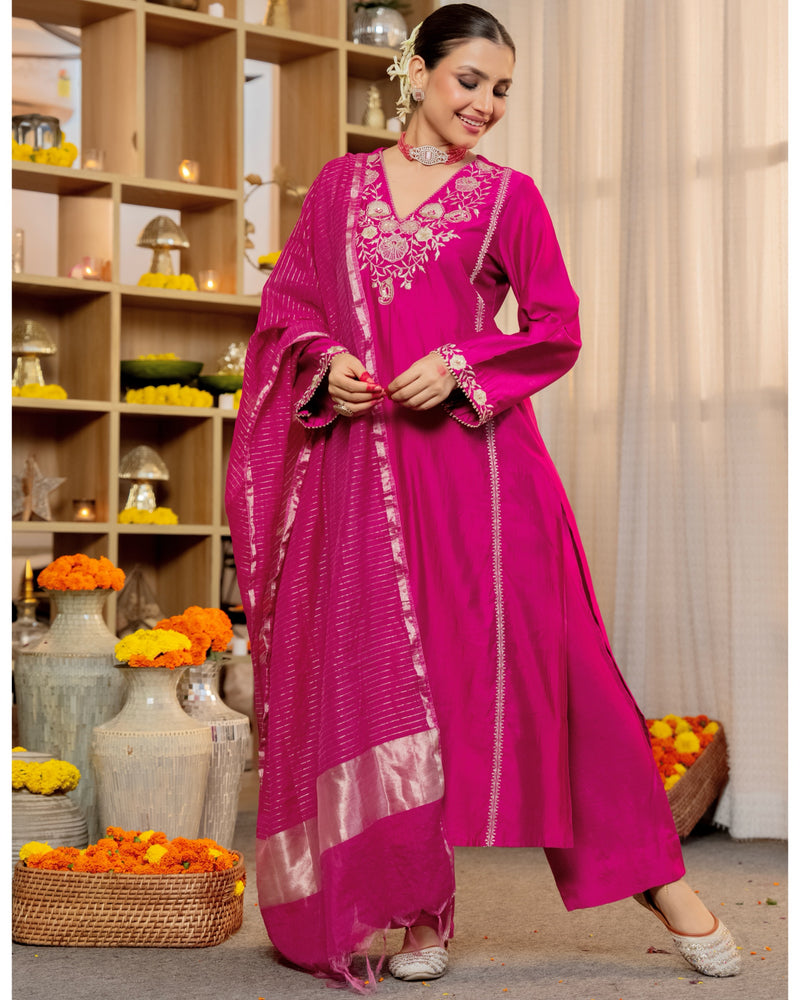 Rose Pink Radiance Handwork Chanderi Silk Festive Suit