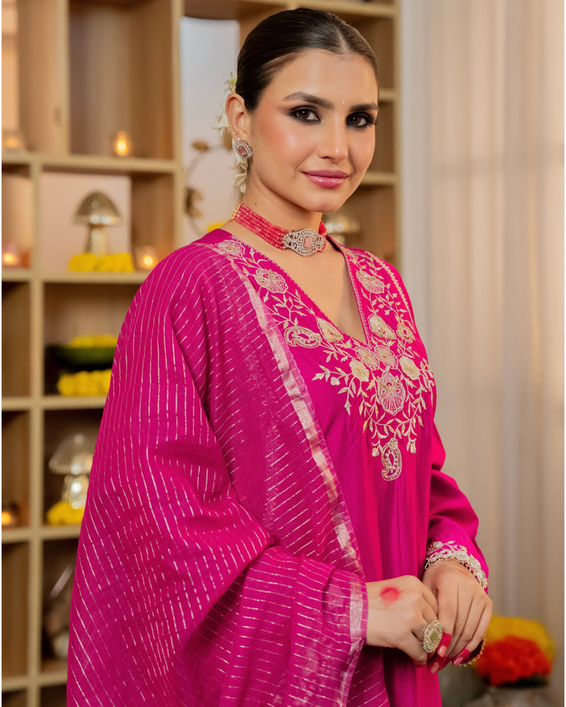 Rose Pink Radiance Handwork Chanderi Silk Festive Suit