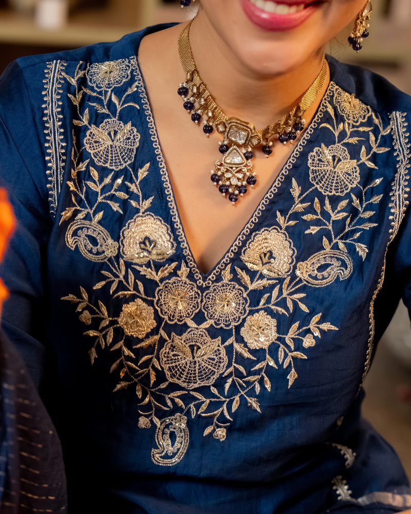 Midnight Blue Muse Handwork Chanderi Silk Festive Suit
