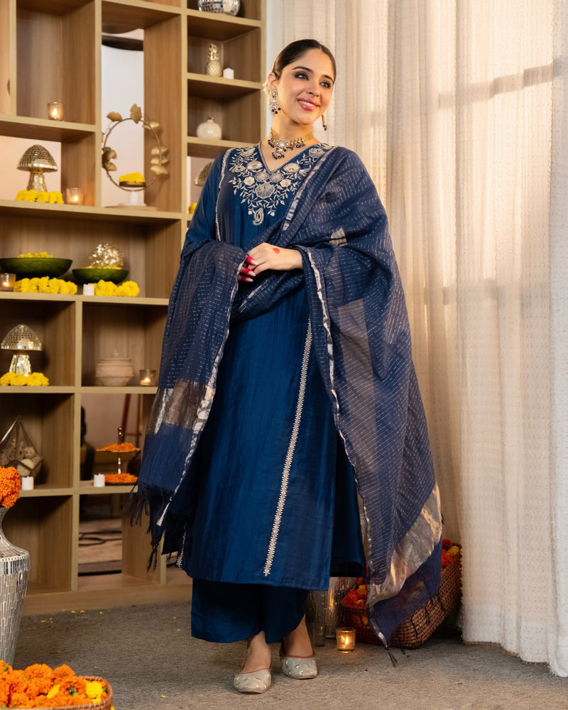 Midnight Blue Muse Handwork Chanderi Silk Festive Suit