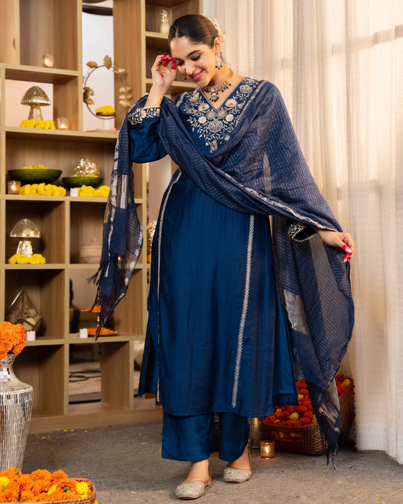Midnight Blue Muse Handwork Chanderi Silk Festive Suit
