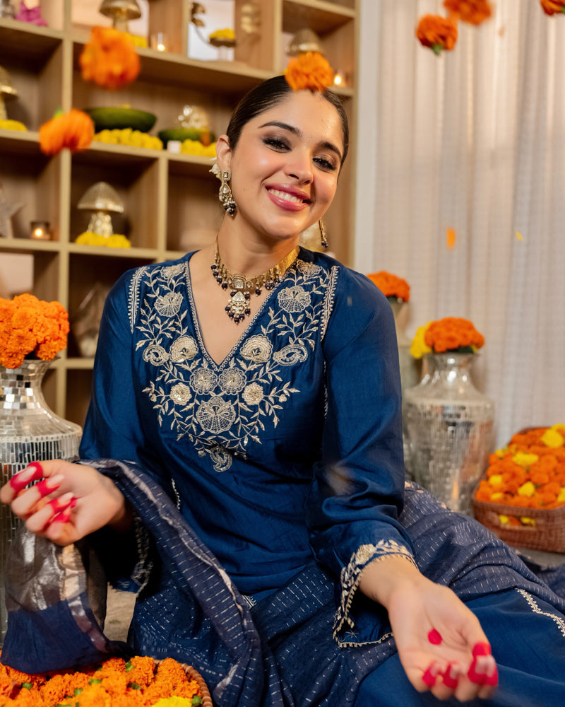 Midnight Blue Muse Handwork Chanderi Silk Festive Suit