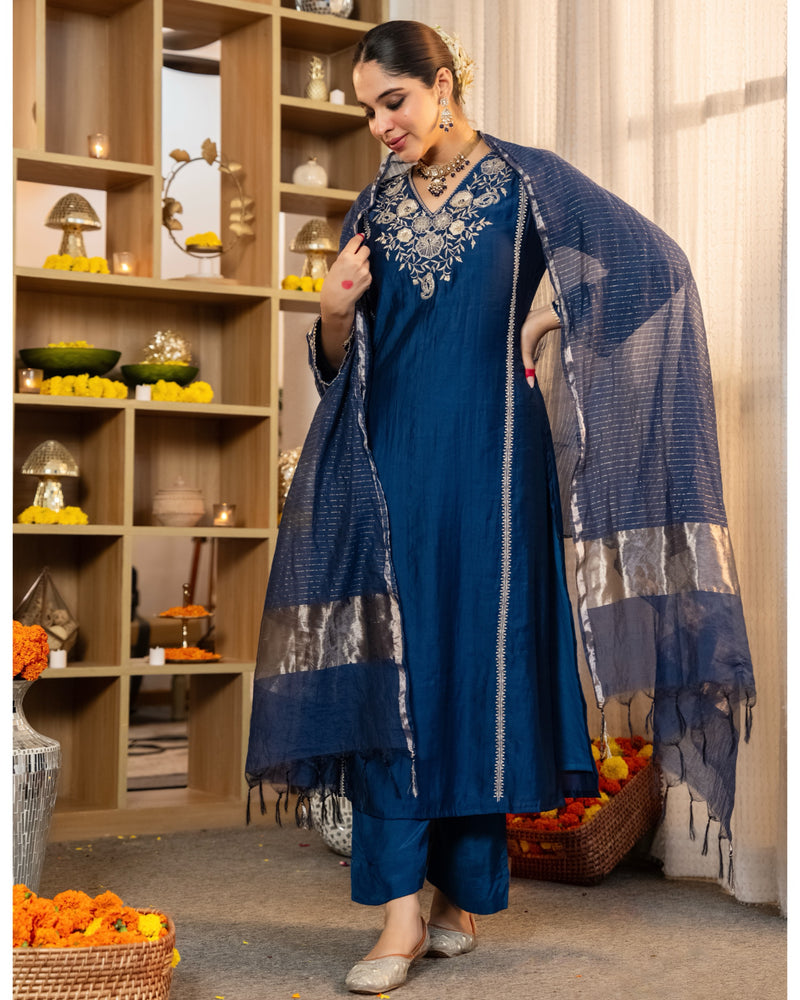 Midnight Blue Muse Handwork Chanderi Silk Festive Suit