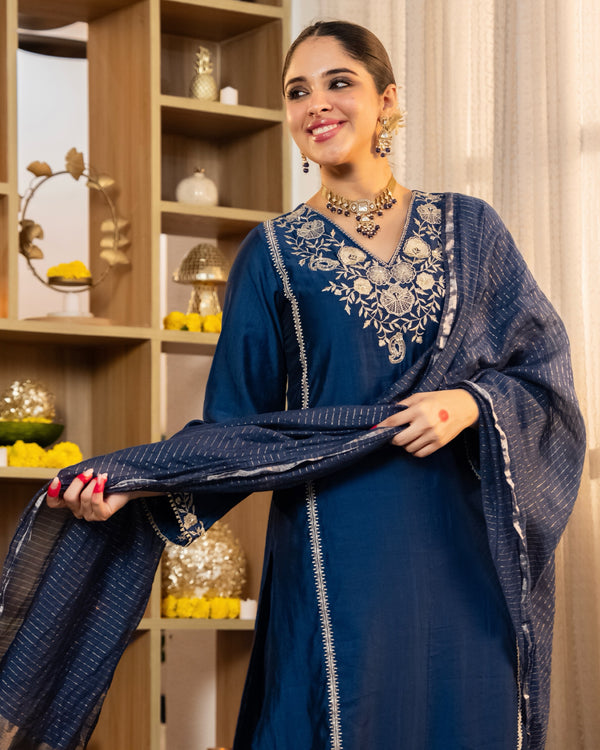 Midnight Blue Muse Handwork Chanderi Silk Festive Suit
