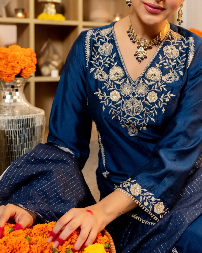 Midnight Blue Muse Handwork Chanderi Silk Festive Suit