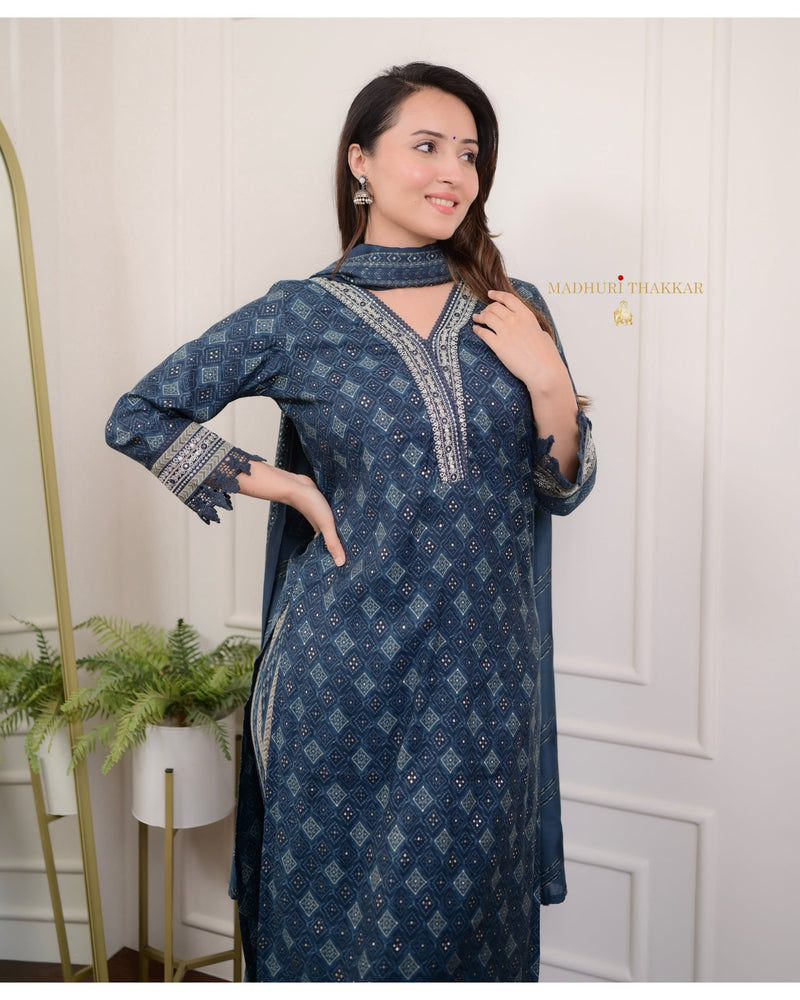 Blue Muslin Bandhani Print Afghani Suit
