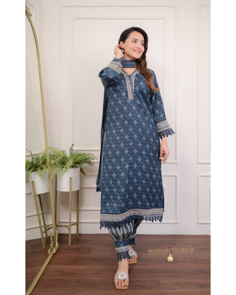 Blue Muslin Bandhani Print Afghani Suit
