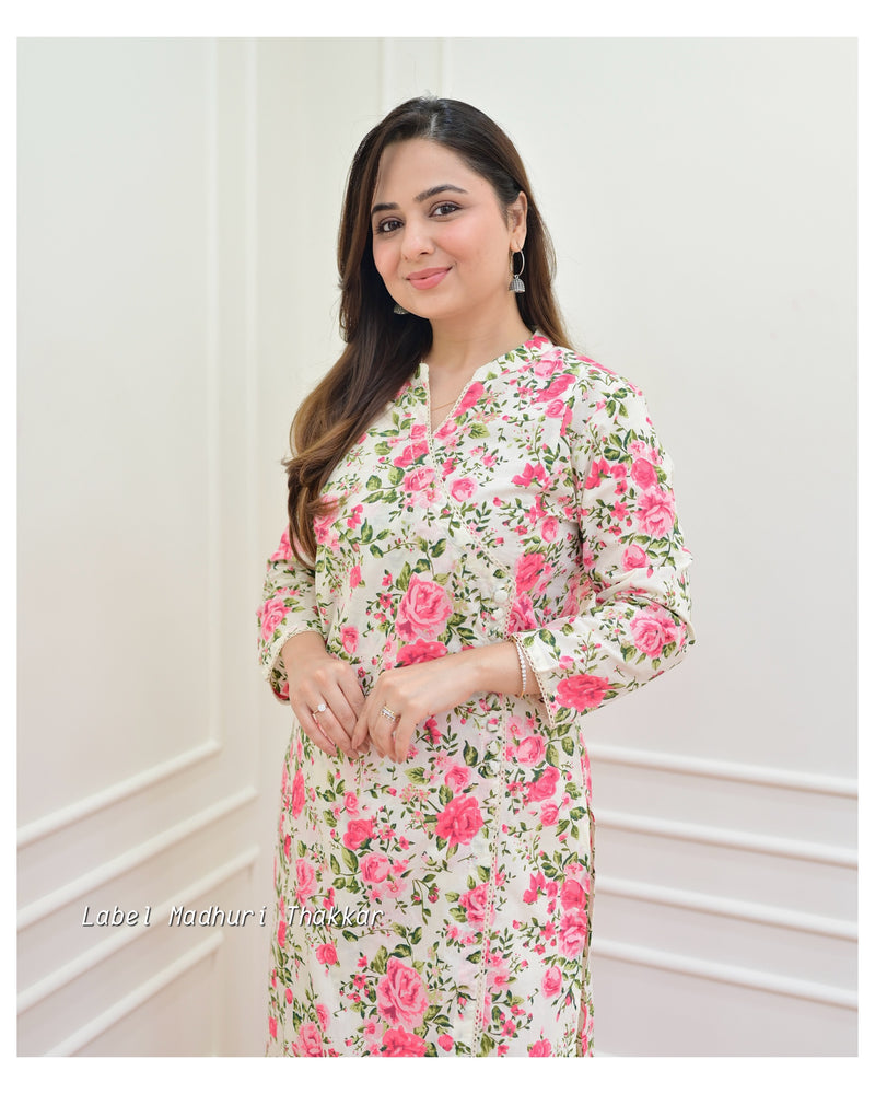 Ivory Pink Floral Sequin Kurta Set