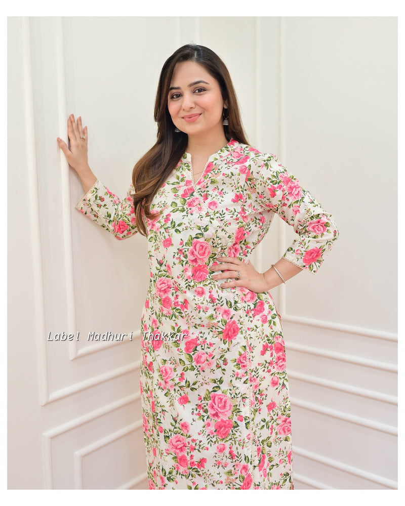 Ivory Pink Floral Sequin Kurta Set