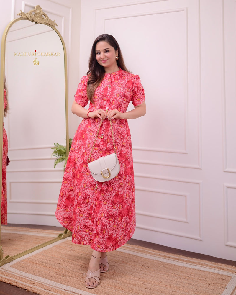 Carrot Floral Cotton A Line Dress